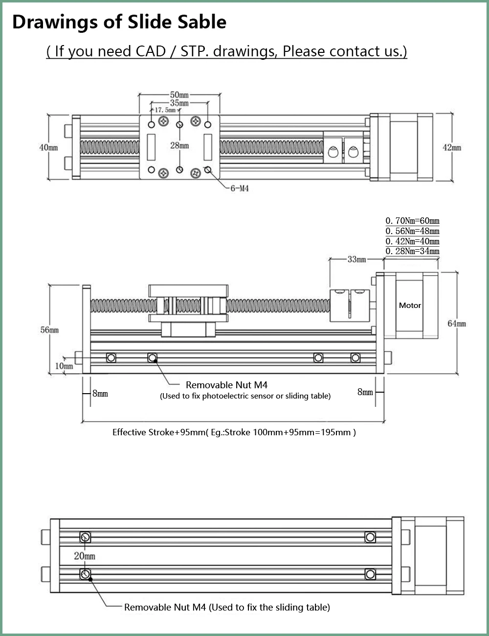 Carril de mesa deslizante tipo T, plataforma de guía de transporte de escenario lineal, paso de 2-8mm y Motor paso a paso NEMA17 0.28Nm 0.7Nm, 50 ~ 300mm