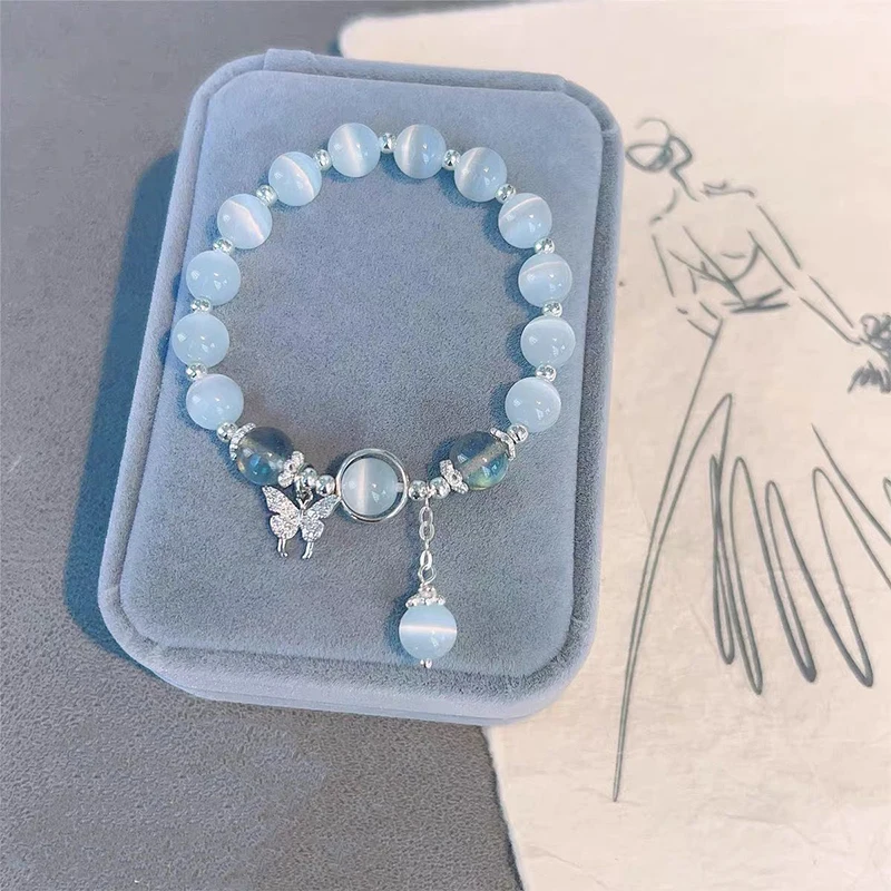 Korean Fashion Imitation Opal Bracelet Simple Ins Moonstone Crystal Bead Butterfly Pendant Bracelet Jewelry Gifts