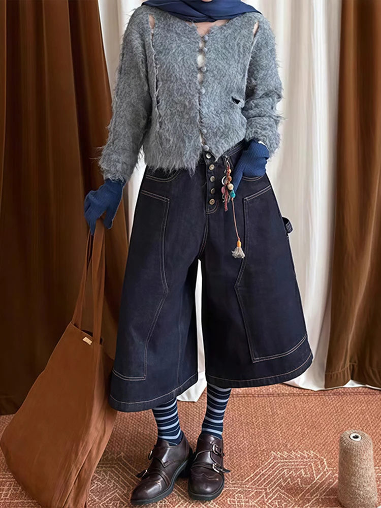 Style américain rétro épais sept quarts pantalon hiver 2025 nouvelles femmes ligne lumineuse poche boucle ample jambe large jean