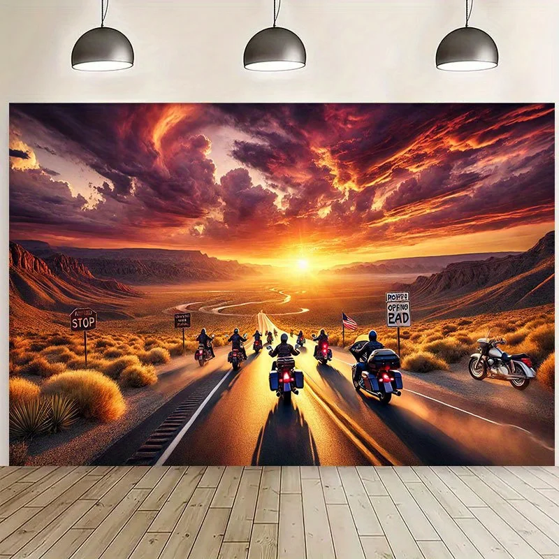 Motorcycle Group Sunset Highway Ride Tapestry 2D Flat Biker Adventure Wall Hanging for Man Cave Bedroom Road Trip Decor Fabric