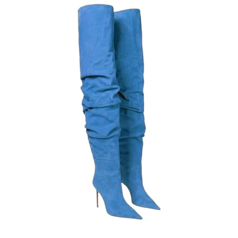 2024 Women\'s Autumn and Winter New High Heels Fashion Pleated Knee High Sleeve Boots European and American Four Season Boots