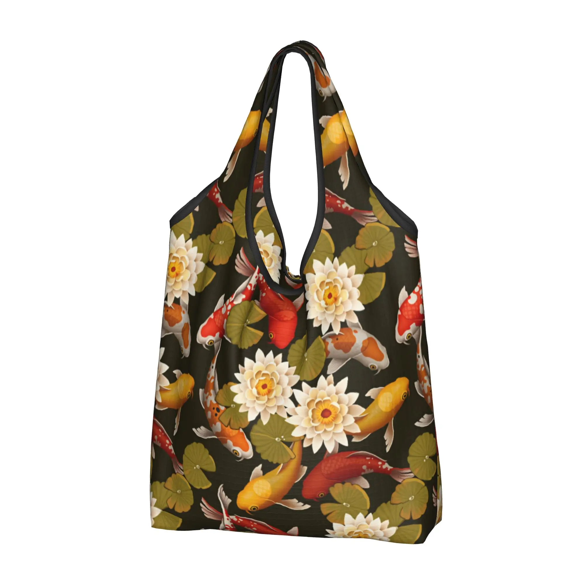 Bolsas de compras estilo japonés con diseño de pez Koi, bolsas de compras para mujer, bolsos de hombro con diseño de flores de loto y hojas de lirio Kawaii
