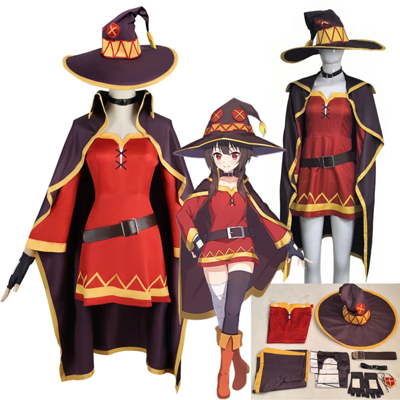 

Anime KonoSuba Megumin Cosplay Costume Classical Witch Costume Uniform Cloak Hat Blindfold Stocking for Halloween Party Women