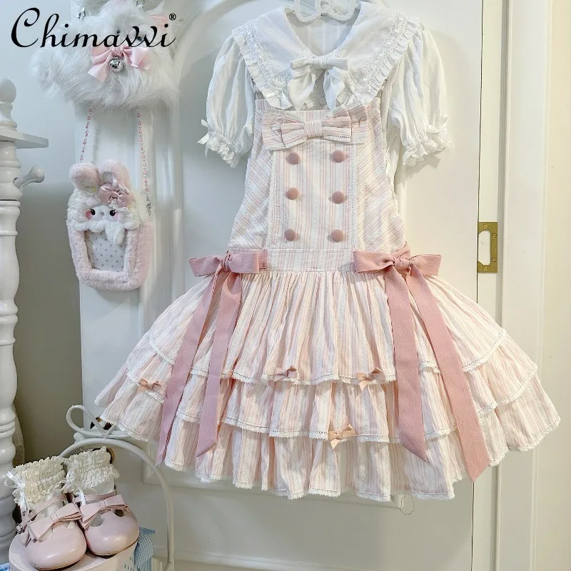 

Lolita Three-layer Cotton Cute Strap Dress Spring and Summer New Sweet Girl Doll Feel Striped Elegant Kawaii Strap Dresses