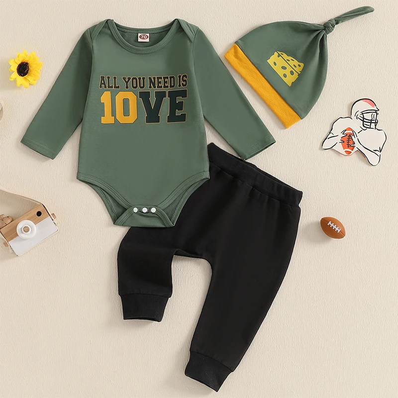 Baby Fall Outfits with Hats Letter Number Pattern Crew Neck Long Sleeve Rompers with Pants 3 Pcs Set