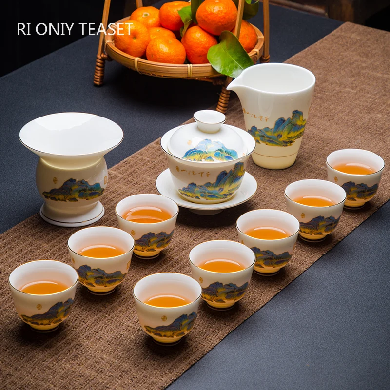 

11 Pcs/set Chinese Ceramics Tea Set Handmade Suet Jade White Porcelain Teapot Bamboo Leaf Gaiwan Kettle Teacup Household Teaware