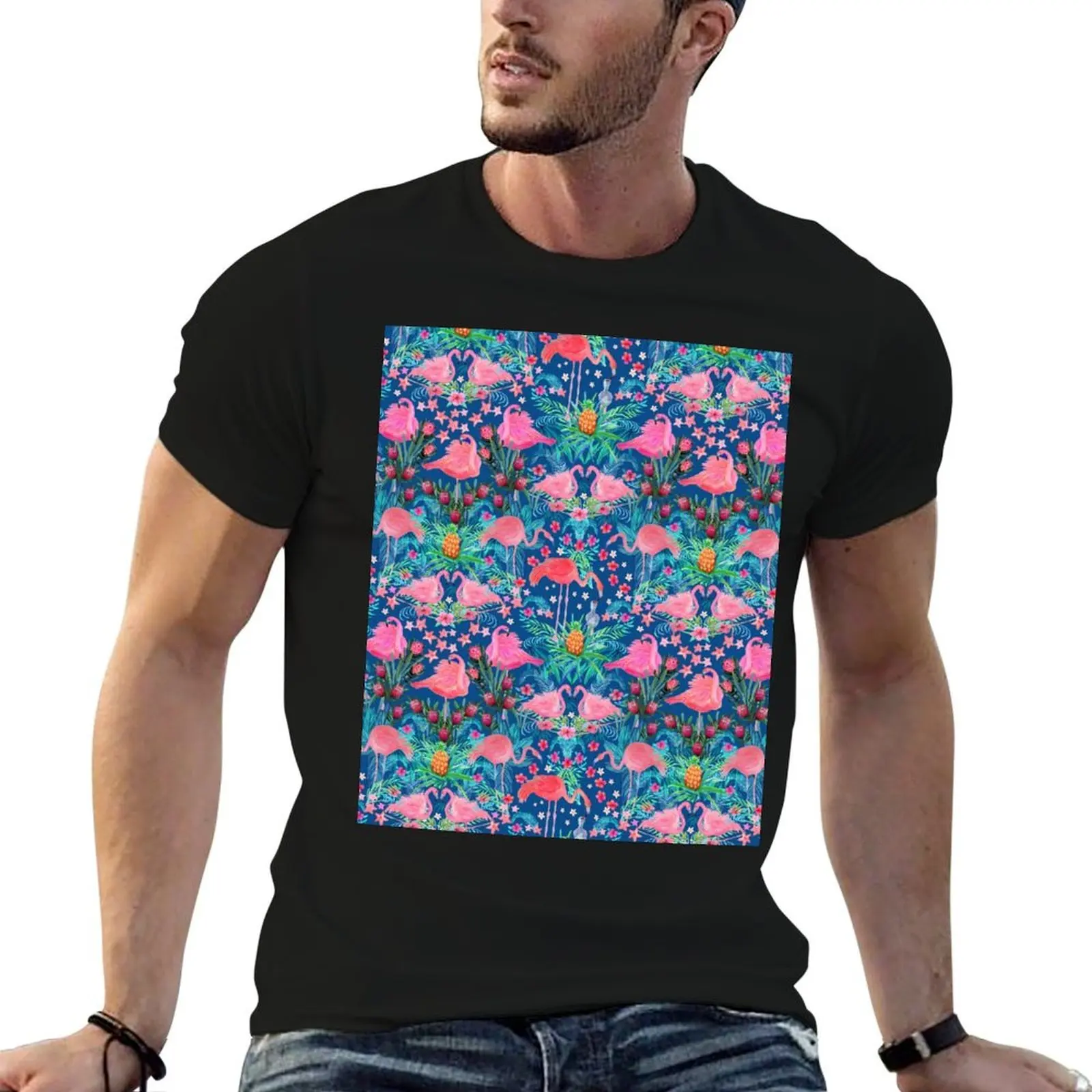 

Flamingo watercolor pink Paradise with hibiscus flowers, protea flowers and palm leaves T-Shirt sweat graphics men clothings