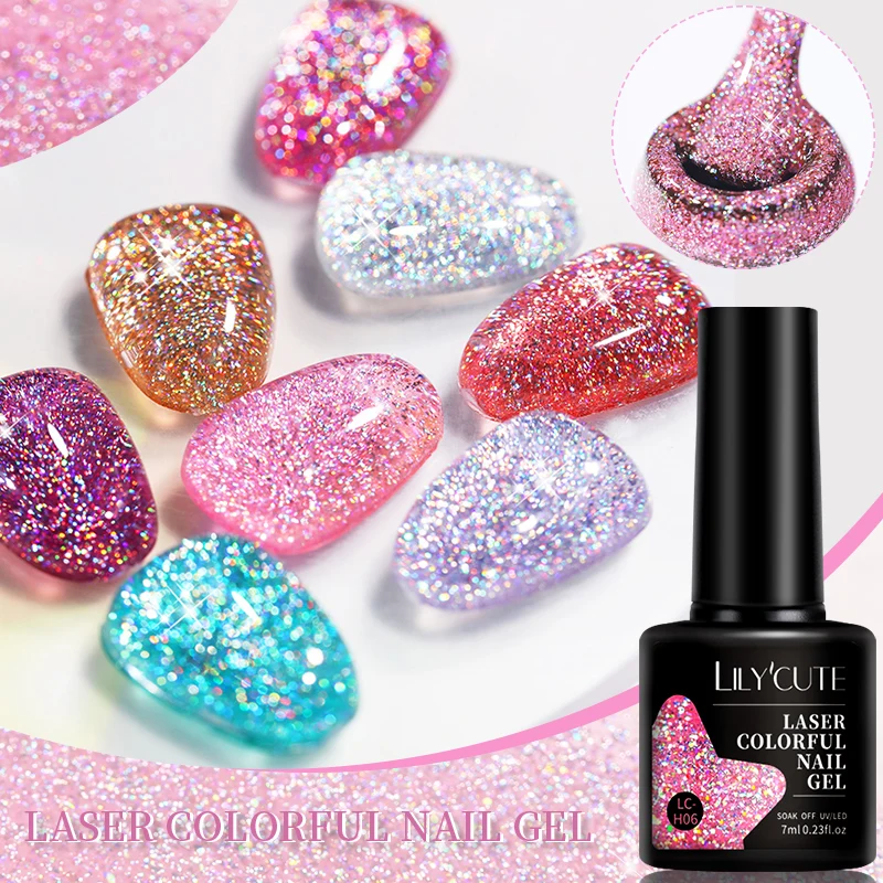 LILYCUTE 7ml Rosa brillante Gel brillo láser Esmalte de uñas Vernis lentejuelas semipermanentes Nagellak UV Gel Nail Art Esmalte Gellac