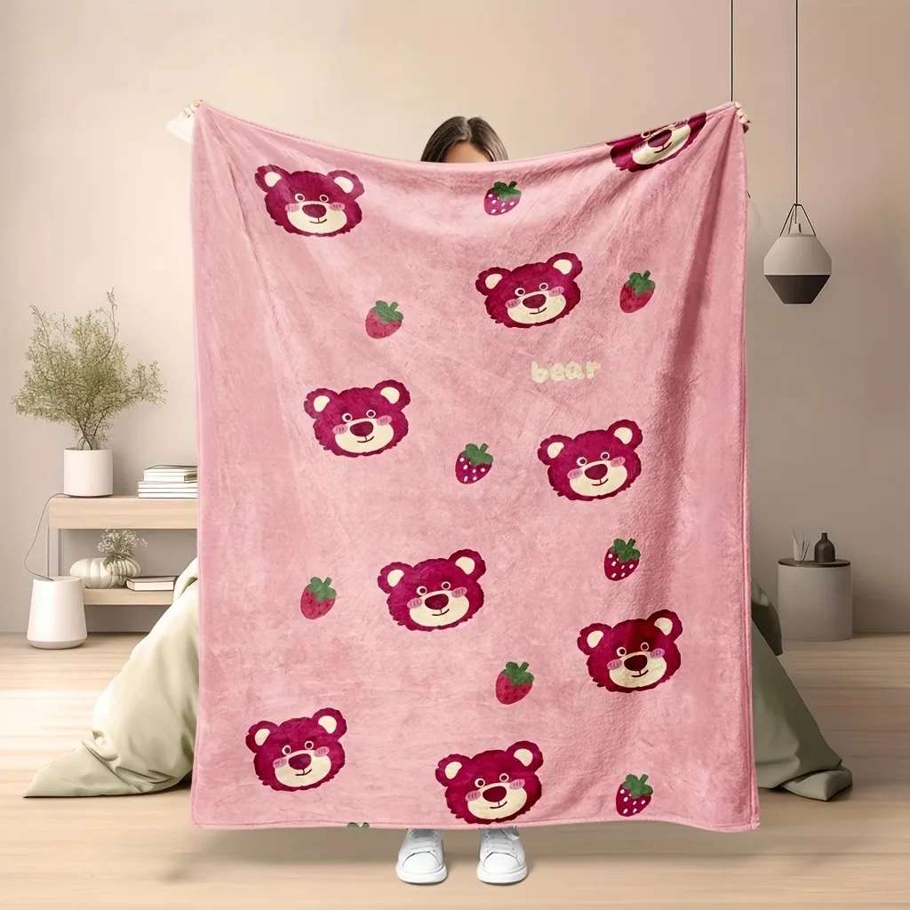 

1PC Pink Bear & Strawberry Blanket ,Multifunctional blanket suitable for home, outdoor, travel, camping, nap cover blanket.