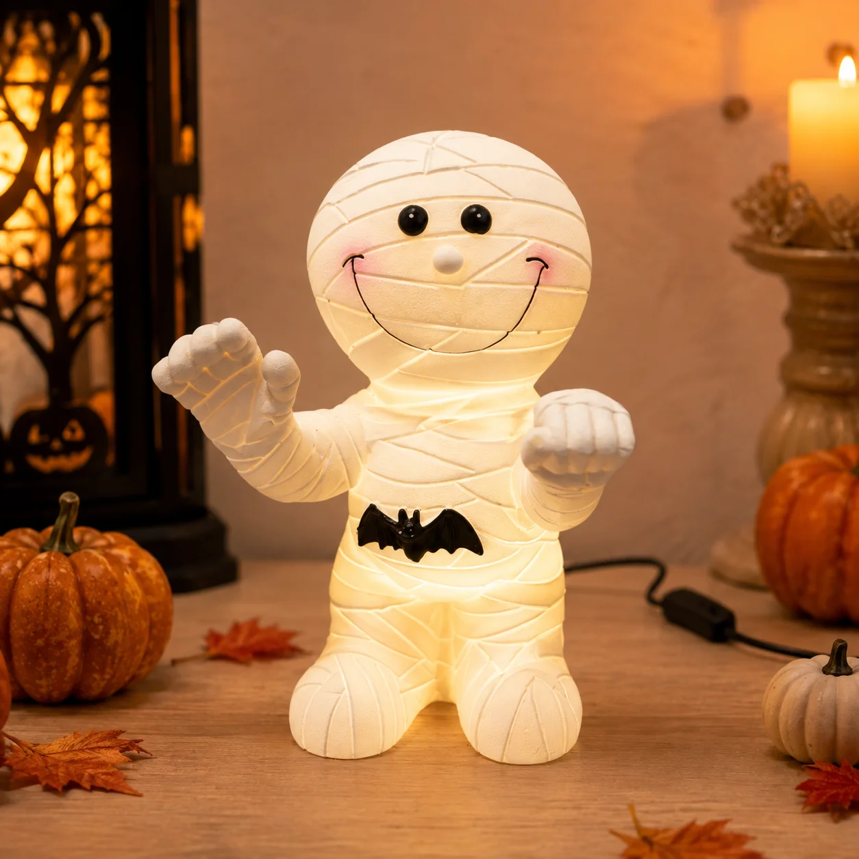 Halloween LED Mummy Table Deco Resin Figure Desktop Night Light Cute Bat Statue Room Office Home Party Decoration Birthday Gift