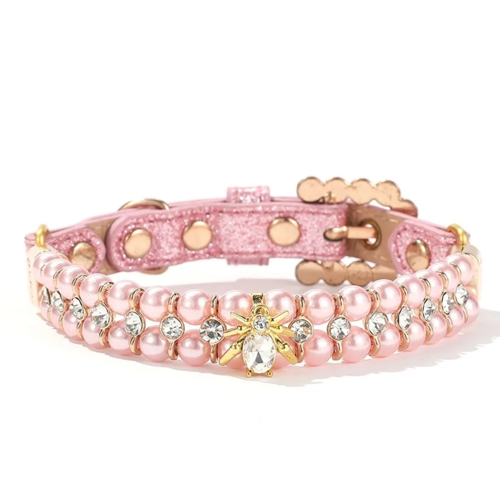 

Adjustable Dog Cat Pearl Collars PU Bling Crystal Cat Necklace Luxury Jewelry Rhinestone Neck Strap for Small Dogs Pet Gift