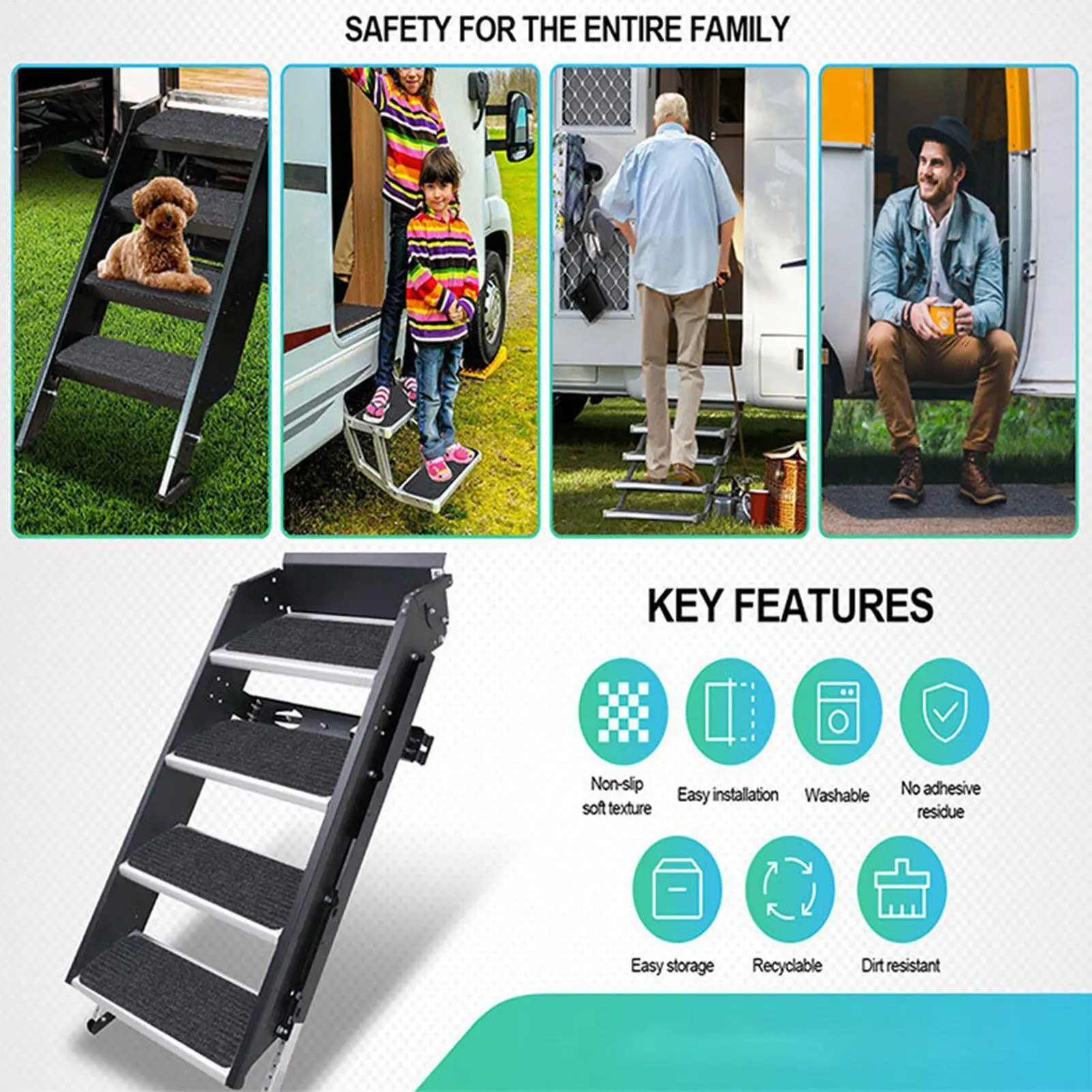 RV خطوة غطاء خارج السجاد ل RV الدرج 3 قطع مانعة لتسرب الماء قابل للتعديل البساط الملحقات لسطح السفينة الداخلية مقطورات السفر