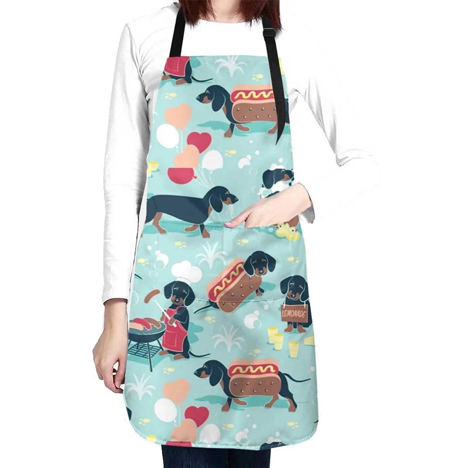 Dachshund Hot Dog Apron for Men Women with 2 pockets, Neck Strap Adjustable Aprons for Chef Kitchen