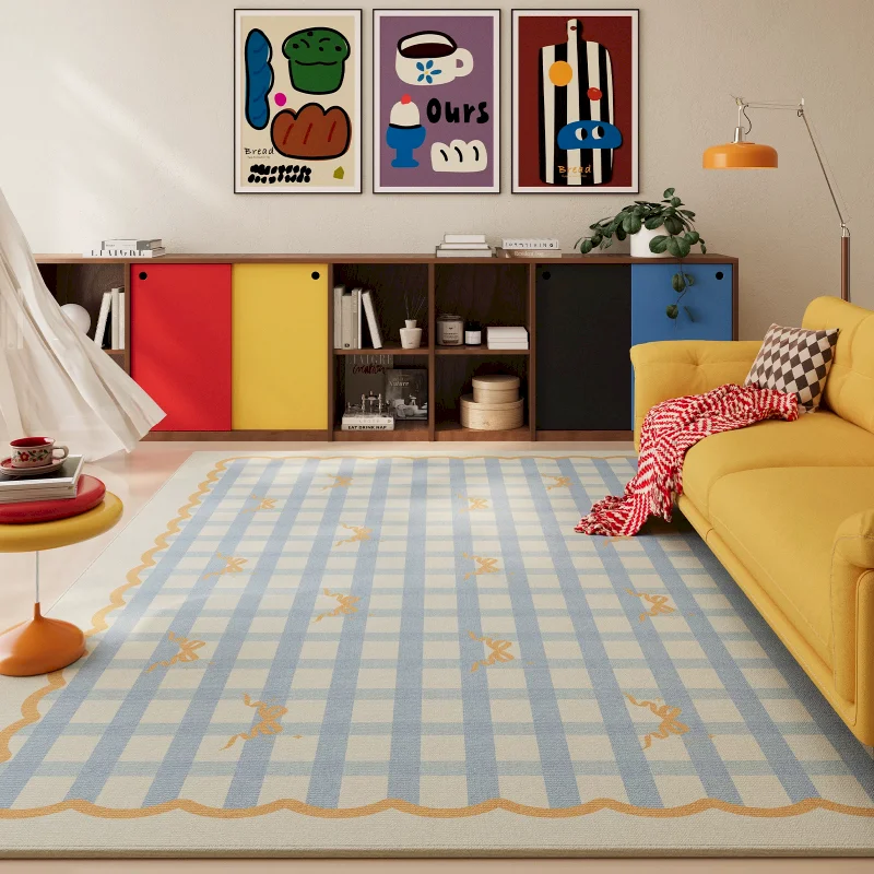 VIKAMA Pink Checkered Plaid Area Rug Wavy Edge Carpet Living Room Floor Mat Washable Soft For Bedroom Decor