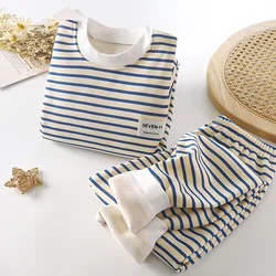 Children's home clothing, autumn and winter warm clothes, girls' long sleeved top with plush bottom, boys' top and pants set