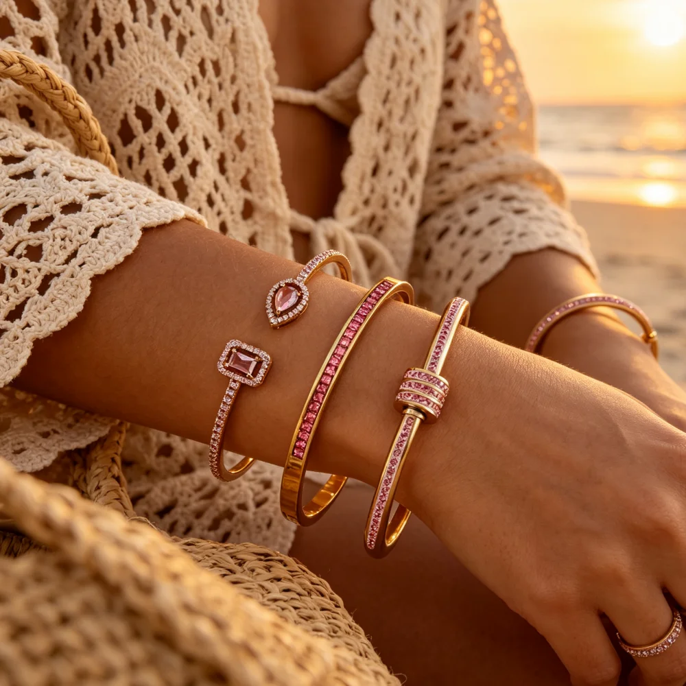 Pink Cubic Zirconia Stainless Steel Stackable Bangle Women Open Cuff Bracelet Fashion Jewelry