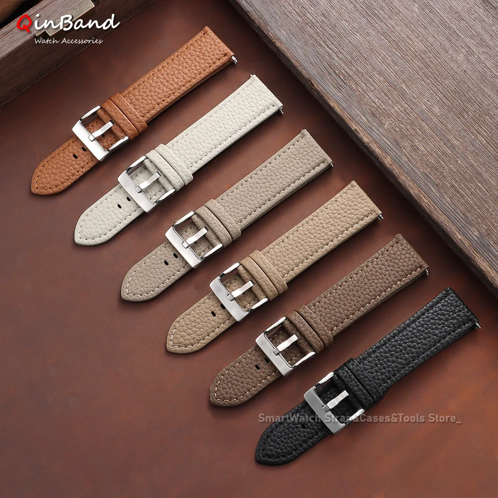 18mm 20mm 22mm Litchi Grain Leather Watch Band Soft Calfskin Strap Men Quick Release Bracelet for Samsung Galaxy Watch 7/6/5/4/3