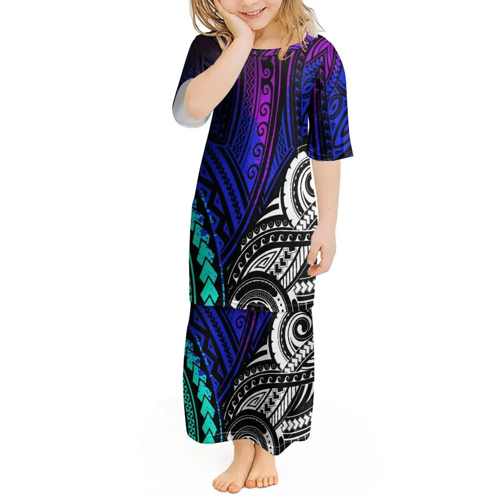 Hot Selling Girls Puletasi Summer Kids Dress Girls Set Dress Elegant Temperament Dress Party Wholesale Polynesian Kids Dress