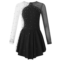 Girls Figure Skating Costume Ballet Dance Tutu Dress Gymnastics Leotard Long Sleeve Shiny Rhinestone Sheer Mesh Dress Dancewear