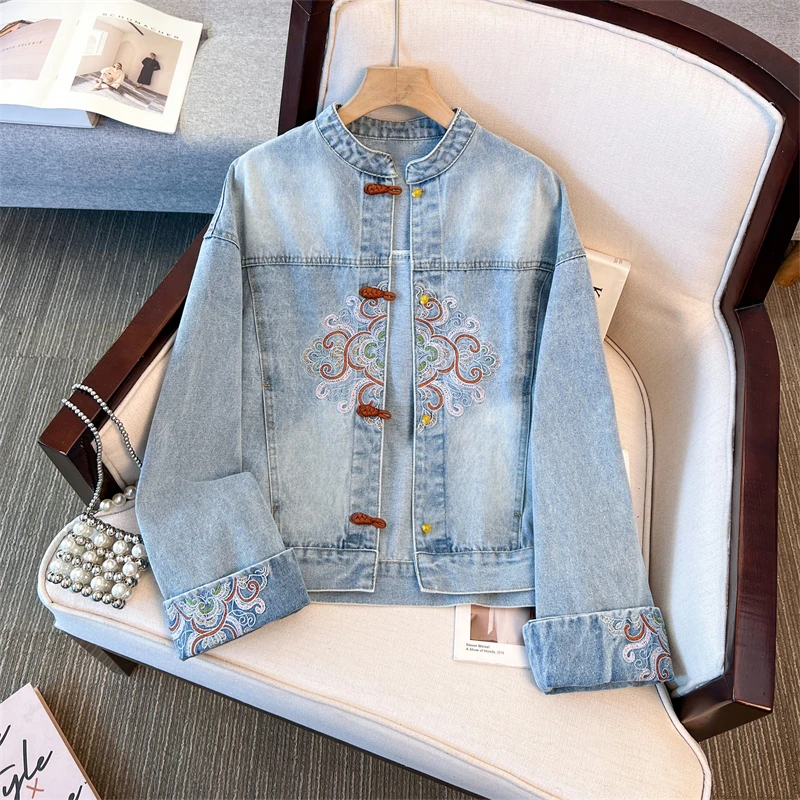 

Винтажное короткое джинсовое пальто с вышивкой, свободное повседневное однобортное джинсовое пальто с воротником-стойкой и длинными рукавами Chaqueta Mujer