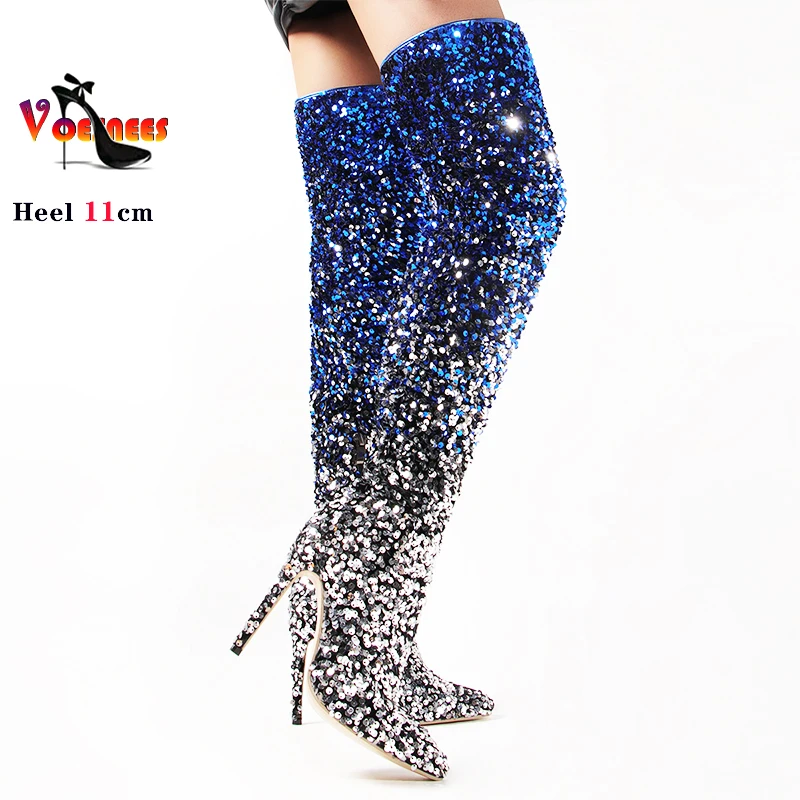 Shoes For Women Shiny Gradient Sequin Stretch Boots 11CM Over-the-Knee Boots 2024 Spring/Autumn Pointed Toe Zipper Long Boots