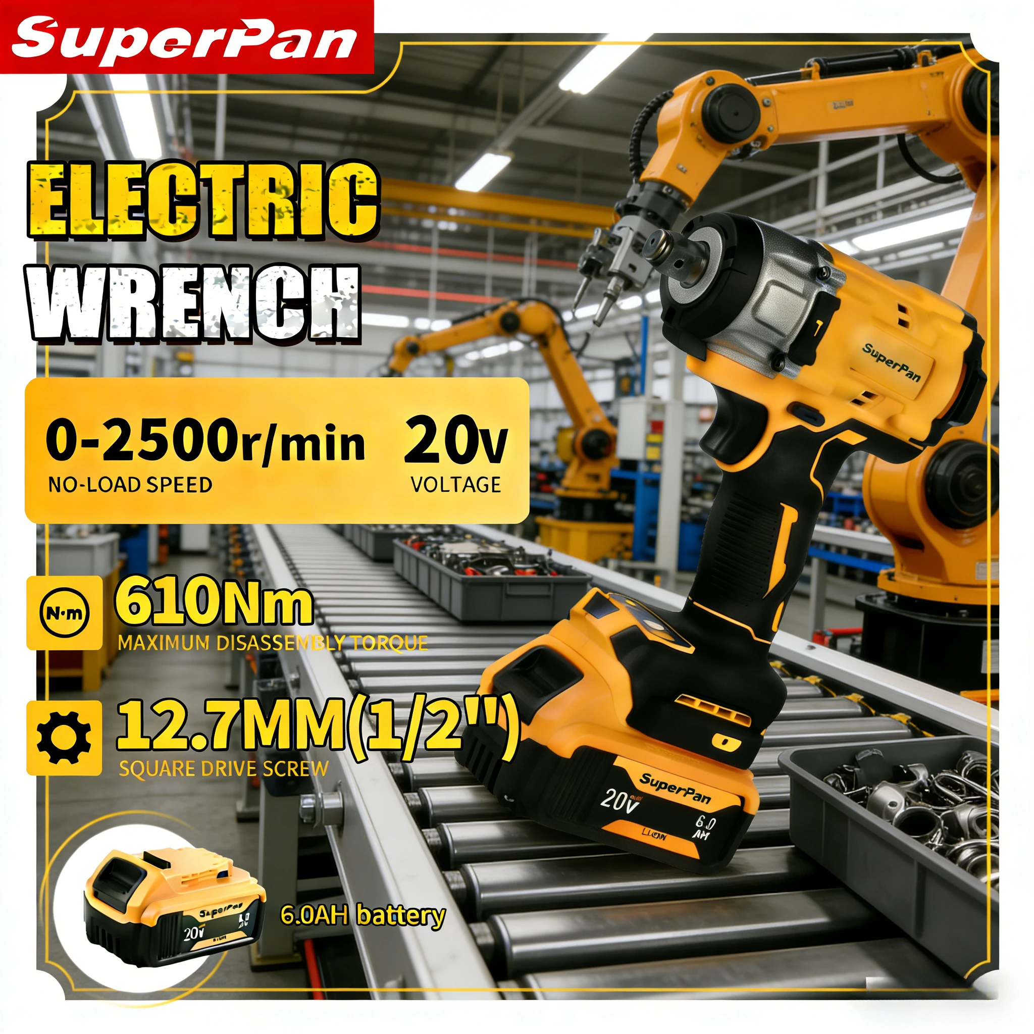 

Беспроводной гайковерт SuperPan SP922 для автосервиса, совместимый с аккумулятором DeWalt 20В