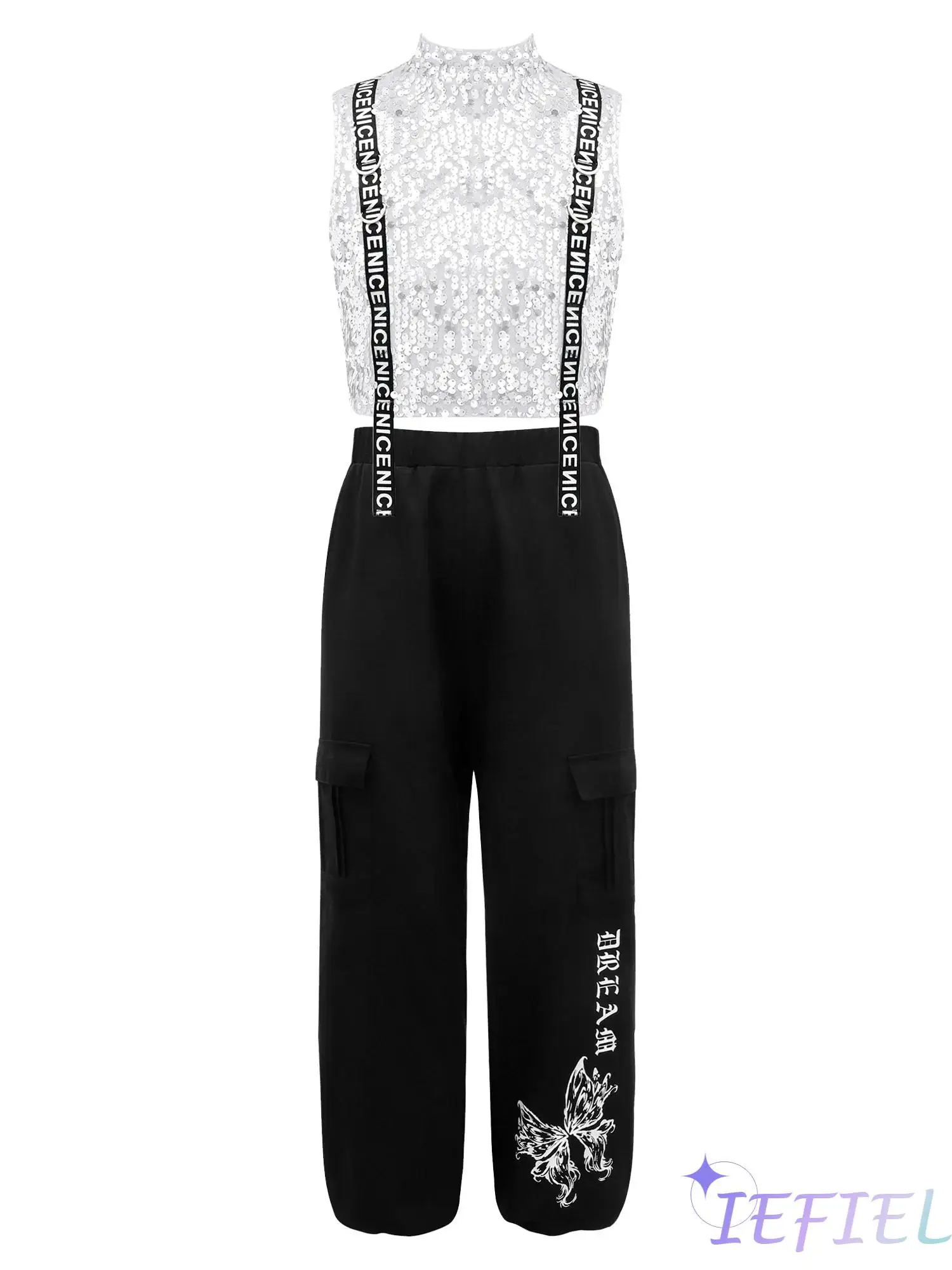 

Girls Jazz Dance Performance Outfit Dancewear Sparkly Sequins Tank Top Dance Vest Crop Tops with Cargo Pant for Dance Competiton