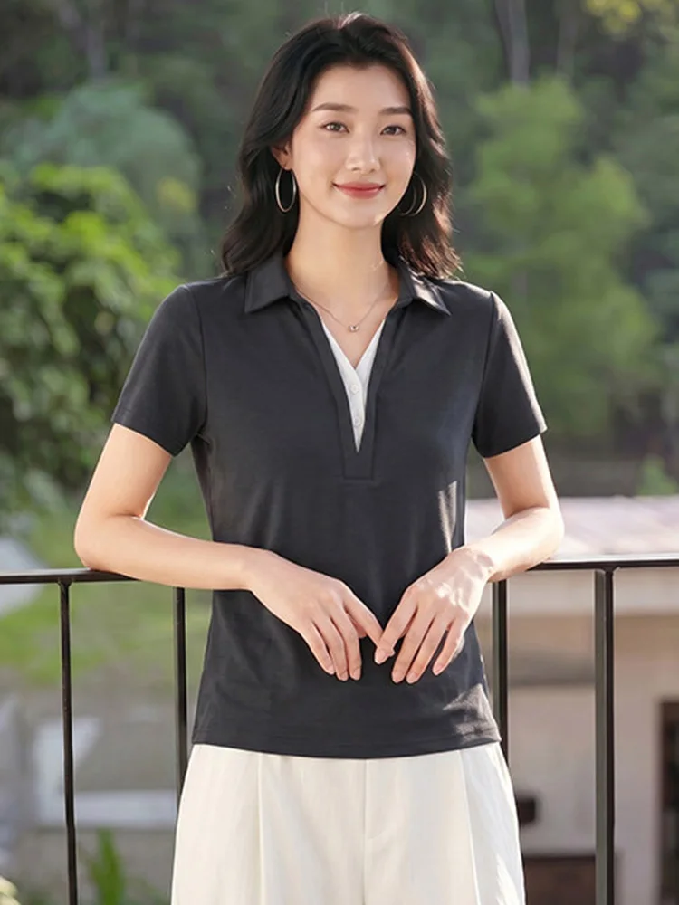 New Women Summer Patchwork Casual T-shirt Fashion Contrast Color V-Neck Short Sleeve Loose T-shirt Daily Basic Female T-shirt