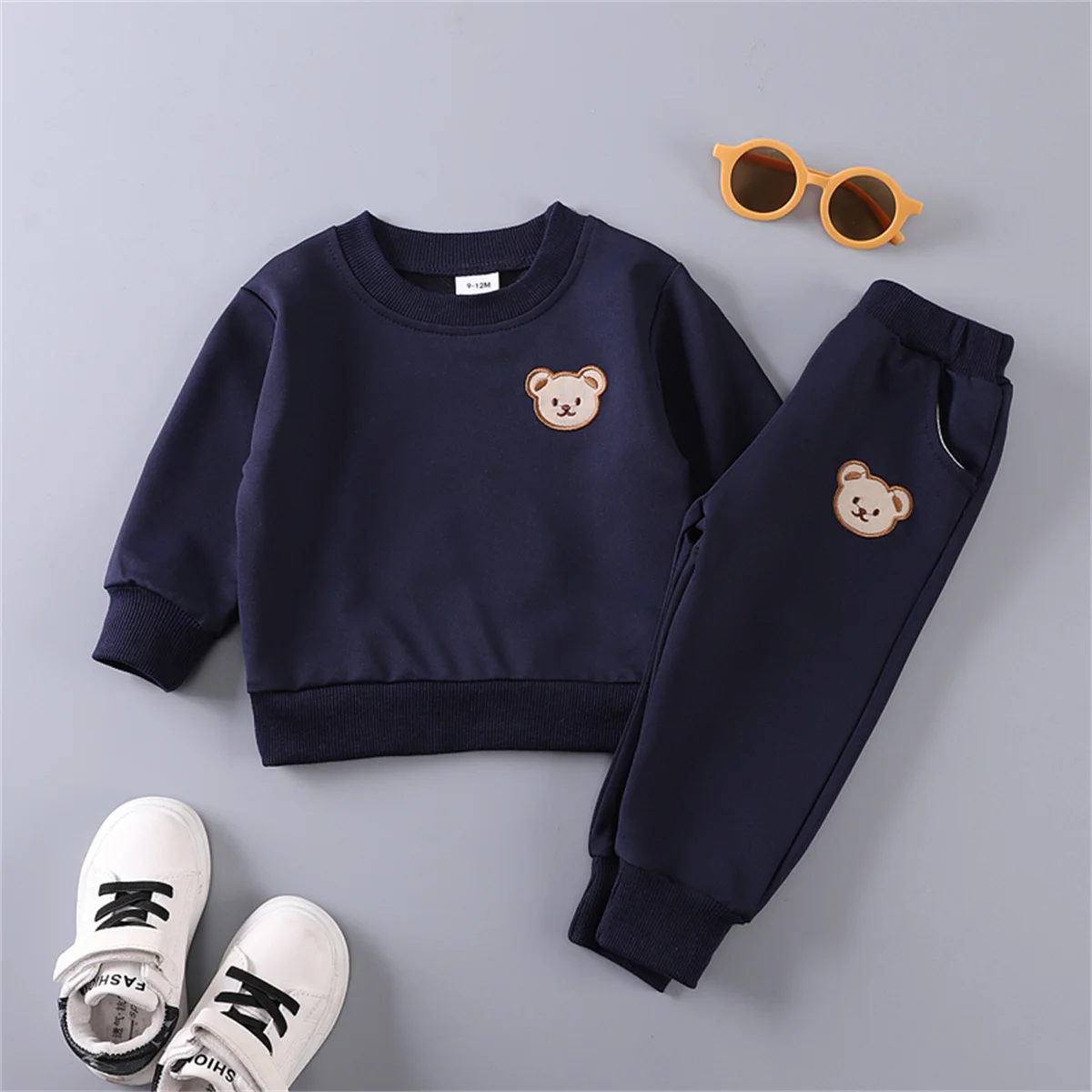 2PCS Spring and Autumn Baby Children\'s Long sleeved Simple Solid Color Polyester Little Bear Embroidered Hoodie Set of Two