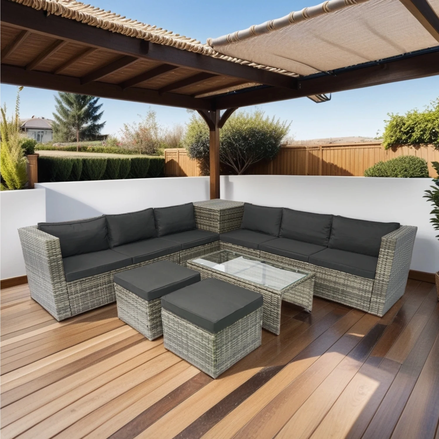 8 Piece Patio Sectional Wicker Rattan Outdoor Furniture Sofa Set with One Storage Box Under Seat and Cushion Box Grey wicker + B