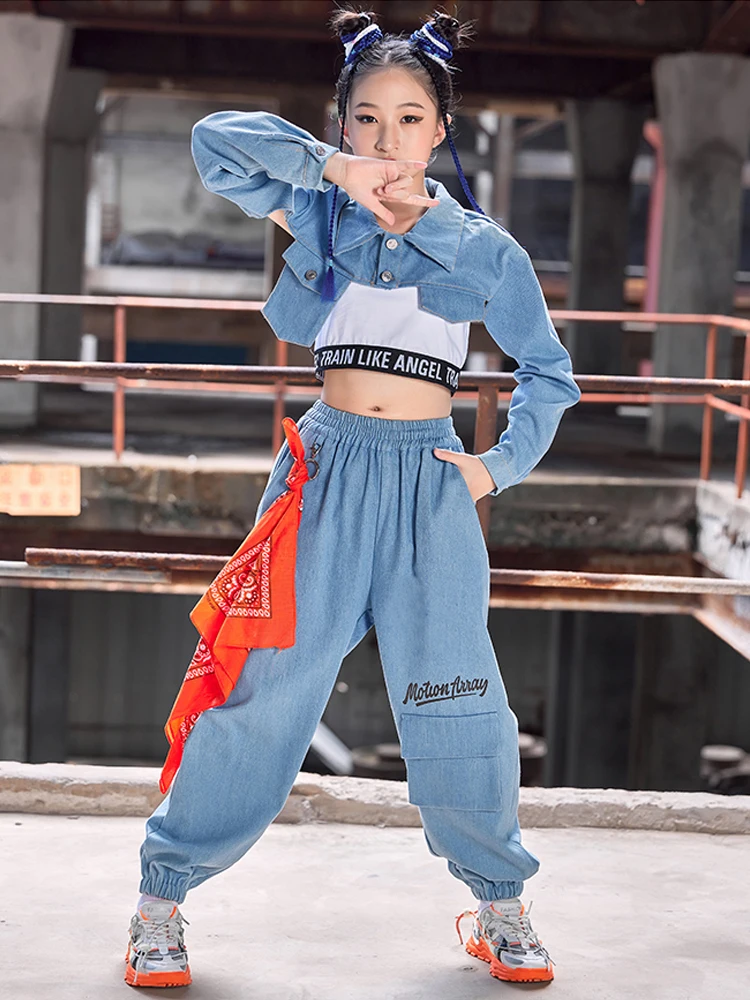 New Girls Hip Hop Clothes Denim Tops Pants Jazz Dance Costume Kids Street Dance Suit Hiphop Performance Outfit Rave Wear BL9444