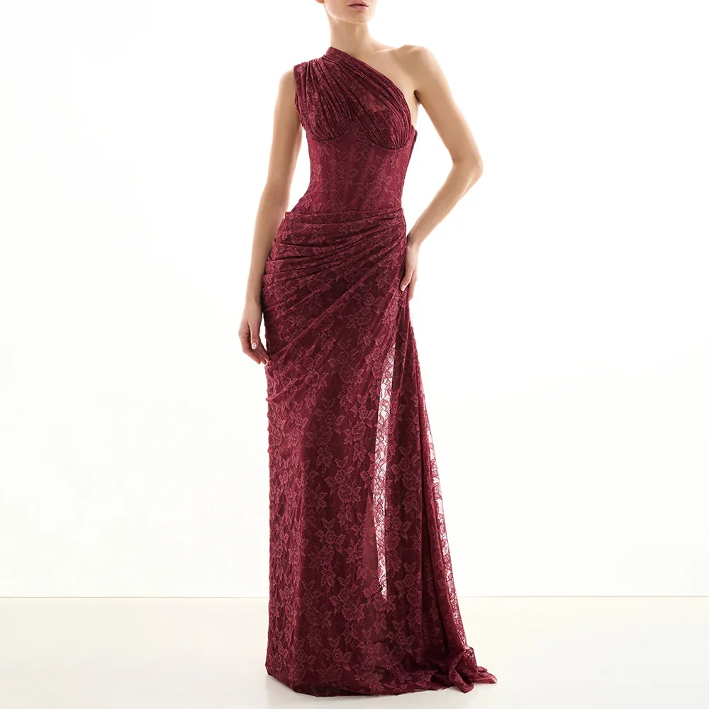 

Elegant Wine Red One Shoulder Backless Lace Mesh Maxi Dress Luxury Ruched Sleeveless Gown with Sash for Wedding Guest Party