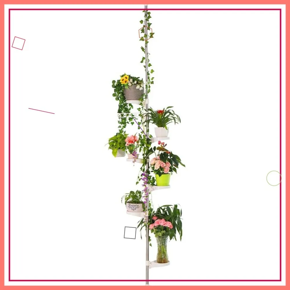 

7-Layer Indoor Plant Stand Spring Tension Pole Metal Flower Display Rack Space Saver Corner Shelf Ivory