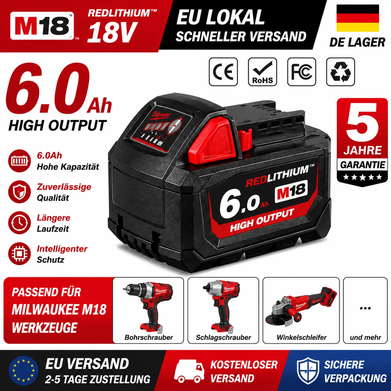 Image of 18V 6000mAh Lithium-Ionen-Werkzeugakku, Ersatz für Milwaukee M18 48-11-1860 48-11-1850 48-11-1840 Werkzeugakku für kabellose Werkzeuge – EU-Lieferung vor Ort