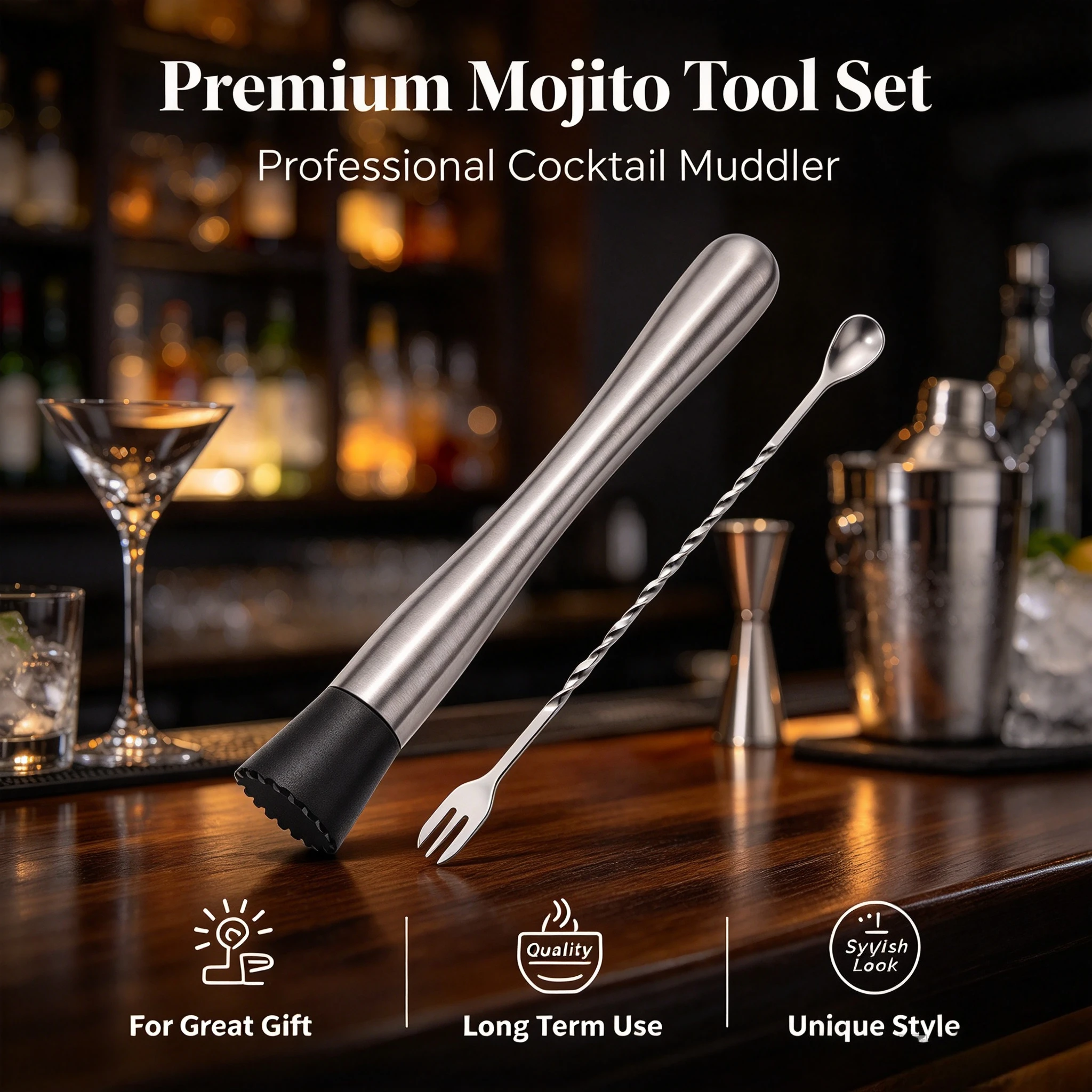Stainless Steel Cocktail Muddler and Mixing Spoon Professional Bar Cocktail Muddler Set for Mojitos
