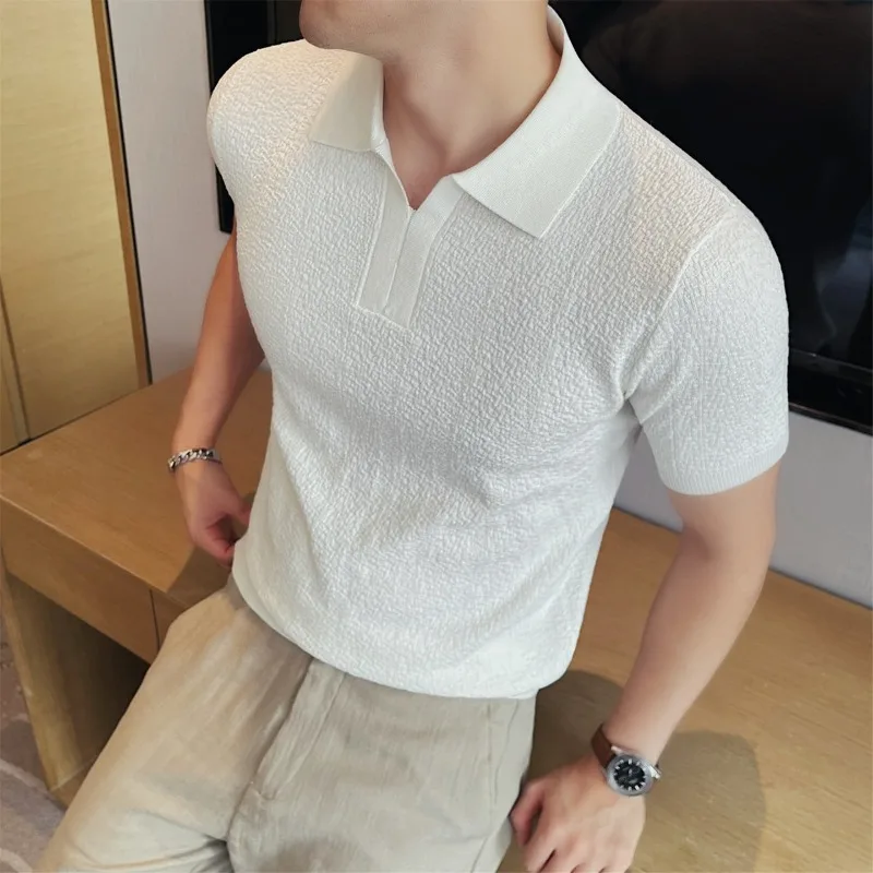 Men's Summer Cooling Ice-Silk High-Stretch Polo Shirt – Breathable Slim-Fit Short Sleeve Business Casual Top with Textured Knit