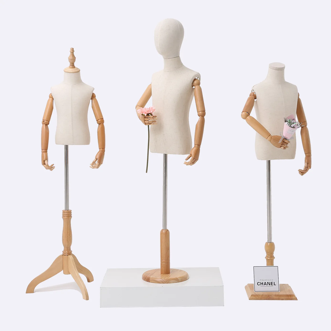 

Kid Dress Form Fabric Cover Half Body Children's Model Mannequin Model Torso Wood Base With Wooden Arms For Window Display