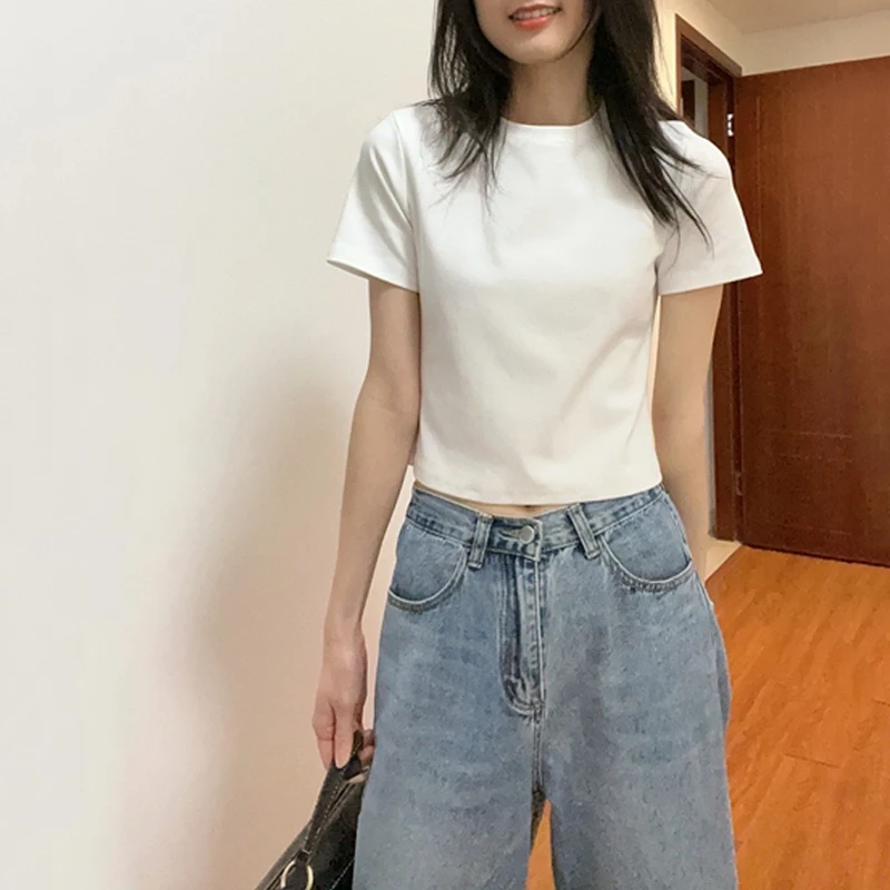White Cotton Slim Fit Short Sleeve T-Shirt Women's Summer Fashion High Waist Tightening Halves Length round Neck Bore Hole Top
