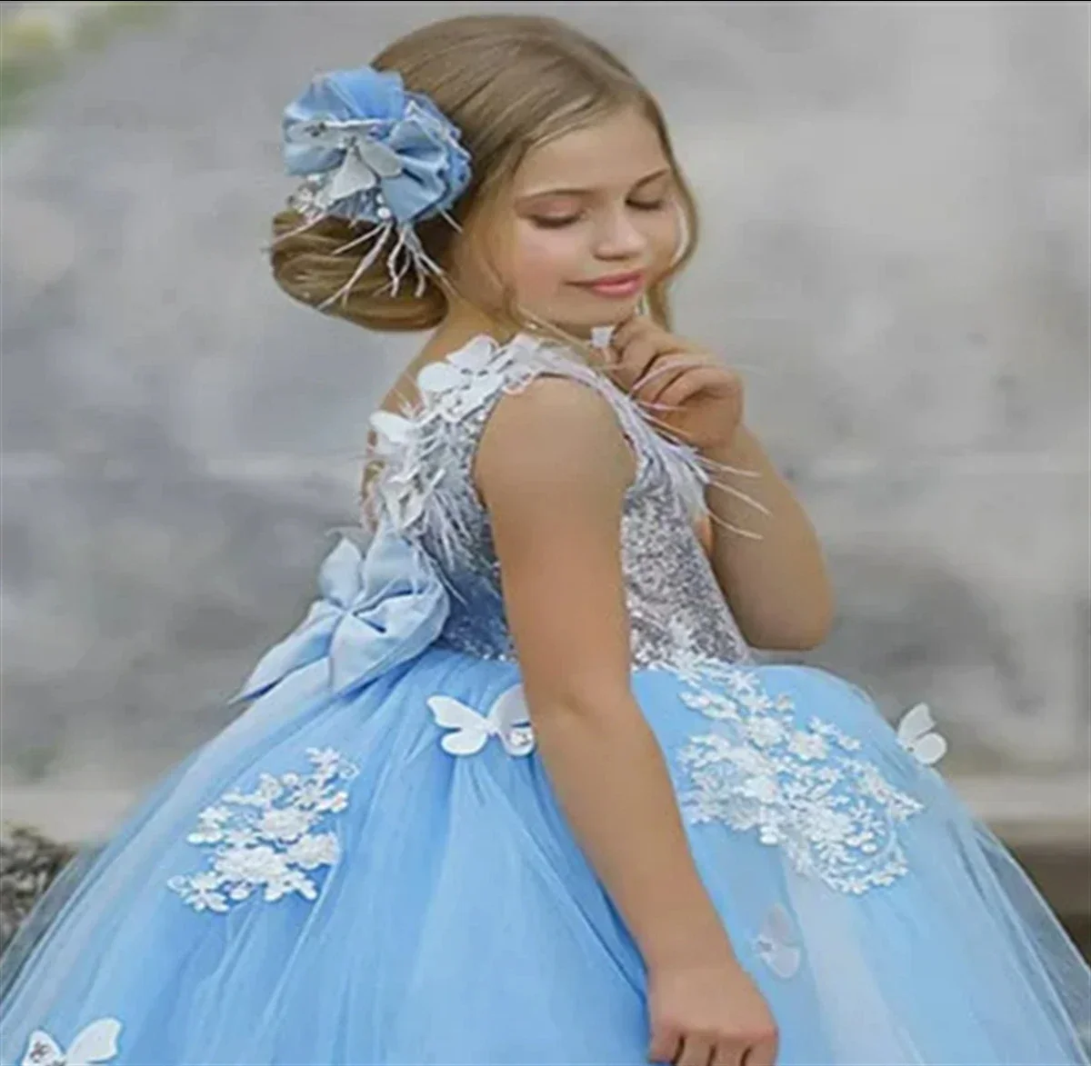 Azul tule applique lantejoulas sem mangas arco vestido da menina de flor para o casamento criança primeiro vestido eucarístico festa aniversário personalizado