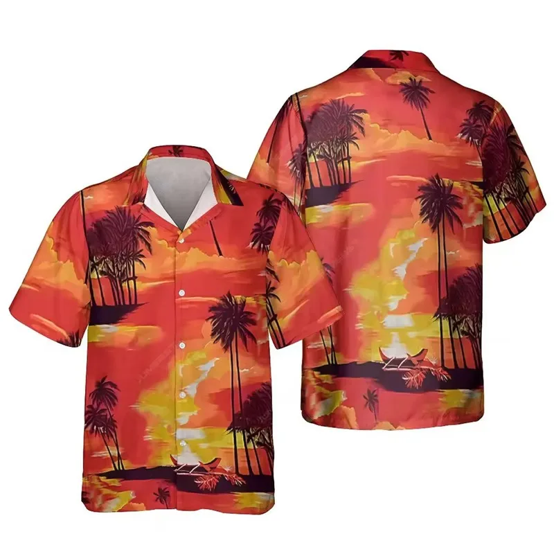 American Style Dusk Island Hammock, Red Wine Dolphin Print Short Sleeved Shirt, Men's Loose Collar Vacation Versatile Top