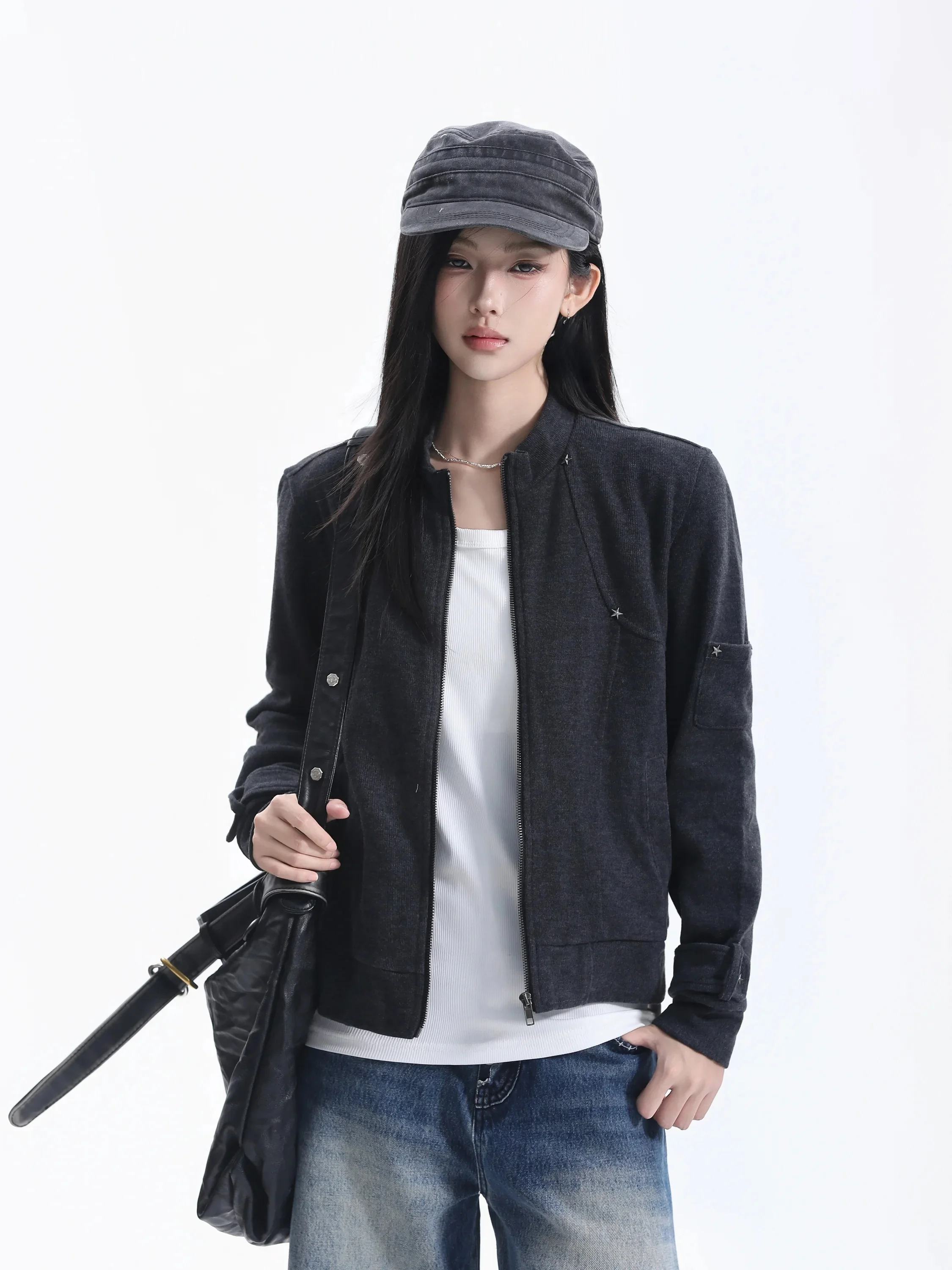 American Functional Style Stand Collar Jacket Rivet Deconstructed Design Short High Street Couple Outerwear Cotton Polyester ...