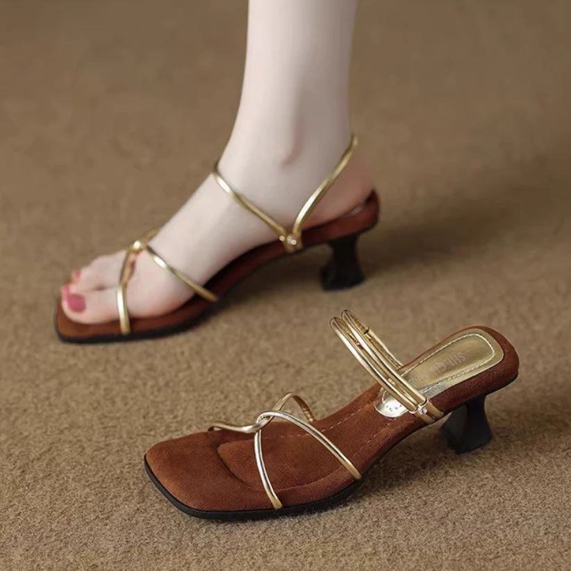 

Лето 2024, французские тапочки, средний каблук, ниша, босоножки на тонком каблуке, босоножки с квадратным носком, женская обувь на высоком каблуке