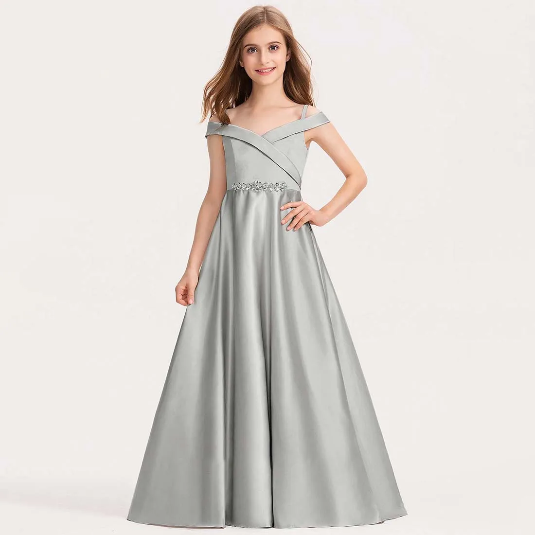 YZYmanualroom-vestido de satén para dama de honor, traje de princesa con hombros descubiertos, largo hasta el suelo, 2-15T