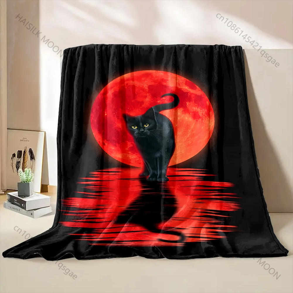 1PC Black cat red moon reflection Print Blanket Warm Soft Fluffy Kids and Adult Sofa Bed Throw Blanket for Home Travel Camping