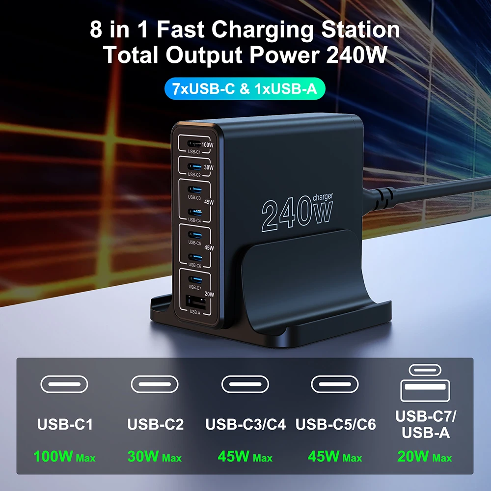 UTBVO 240W PD 3.1 GaN Desktop Adapter 8-Port USB Type C PD Charger Fast Charging Station for iPhone 14 13 Galaxy Samsung Laptop