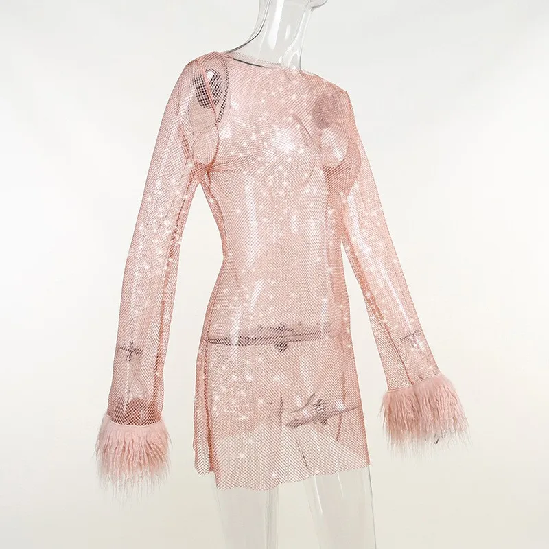 Sparkling mesh fabric for spring and autumn, European and American sexy women's one-piece skirt, see through long sleeved cross-