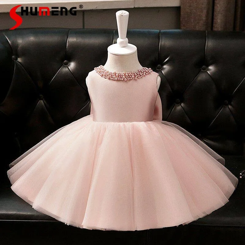 

Розовое платье без рукавов для девочек, пышное платье-туту с большим бантом для дня рождения, детских выступлений, нарядное розовое платье принцессы
