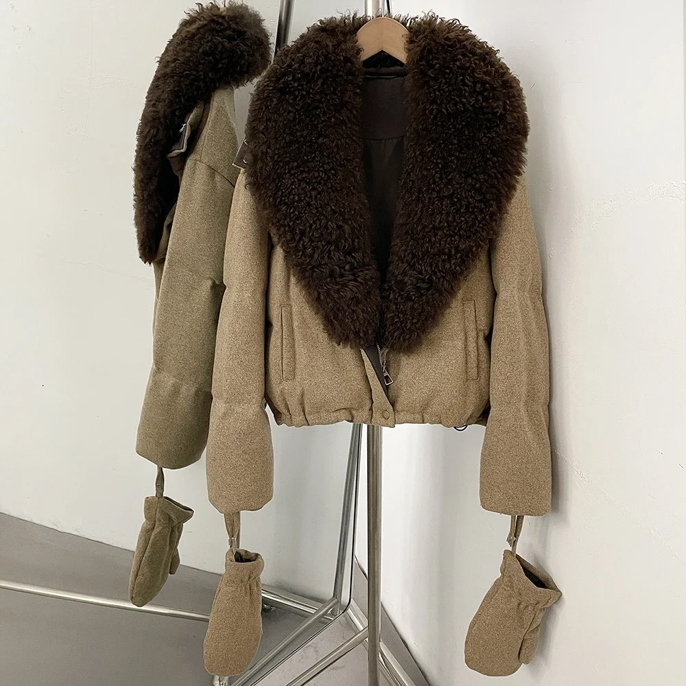 OFTBUY Damen-Woll-Daunenjacke mit Reißverschluss und echtem Pelzbesatz, kurze Daunenjacke mit echtem Lammfellkragen und abnehmbaren Handschuhen – Detail 13