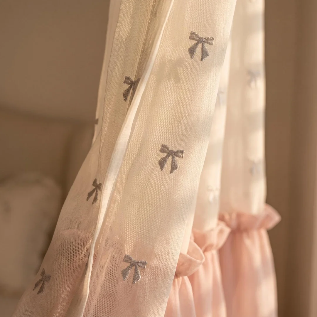 Children's embroidered bow-shaped sheer curtain with a romantic, fresh, and charming French-style skirt design for girls' rooms