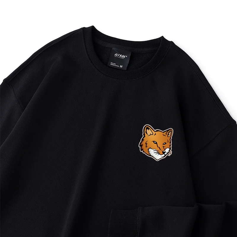 Cartoon Fox Print Simple and Versatile round Neck Hoodie Men's Long sleeve Pullover Hoodless Thick Top Outerwear